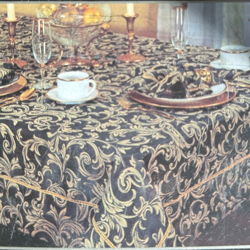 Vercelli Damask Hunter/Gold 60” x 144” oblong tablecloth. Cotton & Polyester.